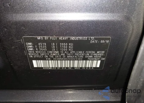 2017 Subaru Legacy 2.5I Sport from USA, damaged, VIN 4S3BNAS62H3022383